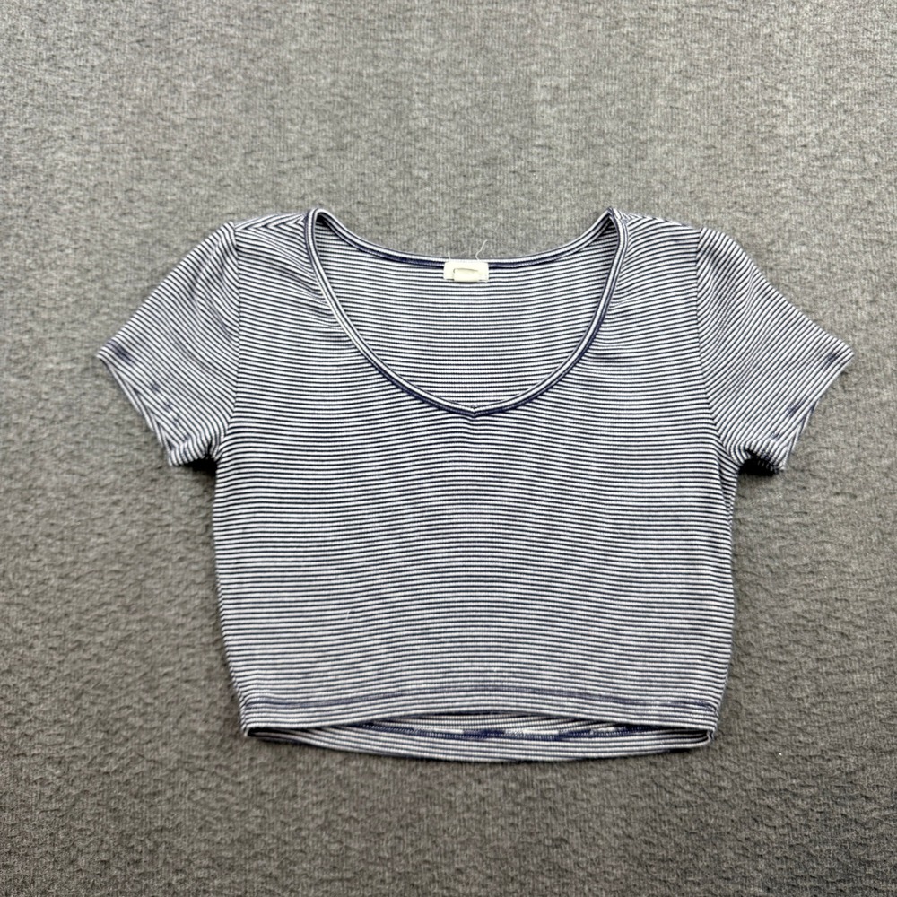 Garage Striped Women's M Medium‎ Short Sleeve V-Neck Crop Top Navy White